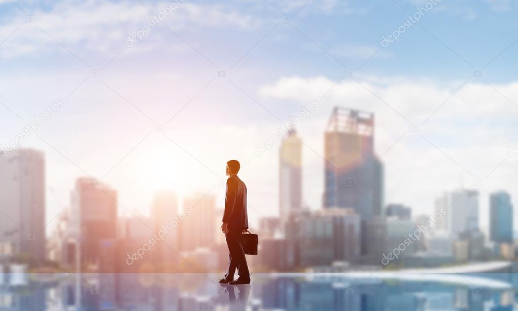businessman with suitcase looking at sunset