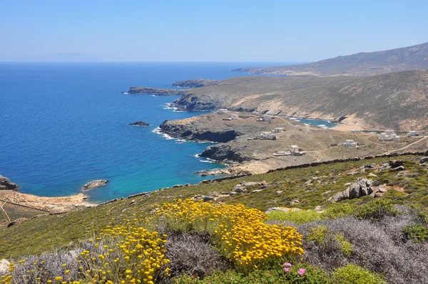 Vista sul paesaggio costiero dell'isola greca mykonos in primavera — Foto Stock