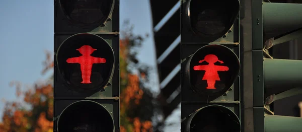 Red female and male Ampelmann, Eastern German traffic lights — Stock Photo, Image