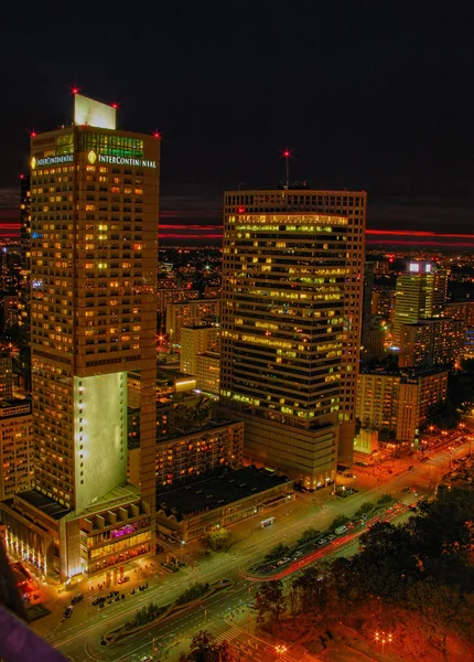 Aerial panoramic view at Warsaw downtown by night, from the top of Palace of Culture and Science, Warsaw, Poland — Stock Photo, Image