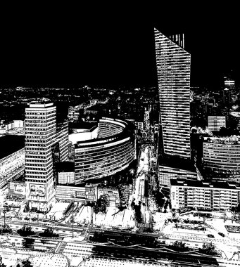 Warsaw, Poland - August 27, 2016: Aerial panoramic view to downtown of Polish Capital by night, from the top Palace Culture and Science: Palac Kultury i Nauki, also abbreviated PKiN. Stylized BW white clipart