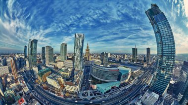 WARSAW, POLAND - NOVEMBER 19, 2020: Beautiful panoramic aerial drone view on Warsaw City Skyscrapers, PKiN, and Varso Tower (the tallest skyscraper in the European Union) under construction, EU clipart