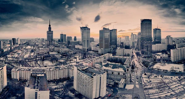 Beautiful Panoramic Aerial Drone View Warsaw City Skyscrapers Pkin Varso — Stock Photo, Image