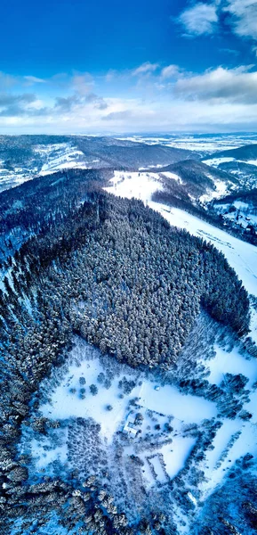 Hermosa Vista Panorámica Dron Aéreo Sobre Paisaje Invernal Las Montañas —  Fotos de Stock