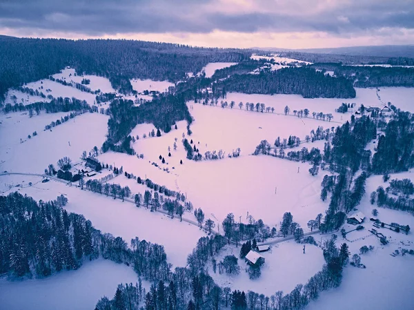Beautiful Panoramic Aerial Drone View Winter Landscape Stolowe Mountains Snowfall — Stock Photo, Image
