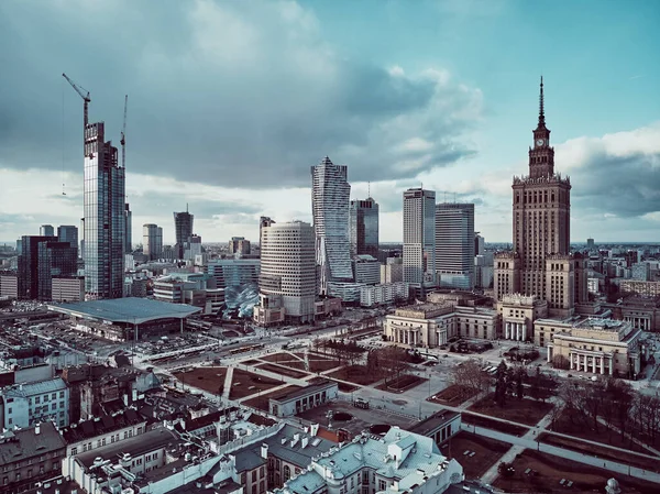 Waarschuwing Polen Februari 2021 Prachtig Panoramisch Uitzicht Warschau City Skyscrapers — Stockfoto