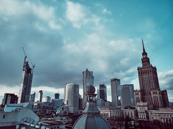 Waarschuwing Polen Februari 2021 Prachtig Panoramisch Uitzicht Warschau City Skyscrapers — Stockfoto