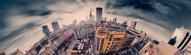 Beautiful panoramic aerial drone skyline view of the Warsaw City Centre with skyscrapers of the Warsaw City and 