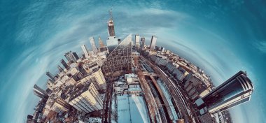 Beautiful panoramic aerial drone skyline view of the Warsaw City Centre with skyscrapers of the Warsaw City and CHMIELNA 89 WARSAW CRYSTAL - a glass pyramid-shaped skyscraper, Poland, EU