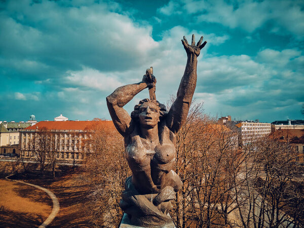 Beautiful panoramic aerial drone view of the Monument to the Heroes of Warsaw, also known as the Warsaw Nike, Poland, EU