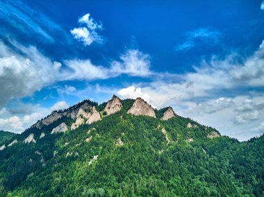 Güneşli bir günde Polonya 'nın Pieniny Ulusal Parkı' nın güzel panoramik manzarası Trzy Korony - İngilizce: Üç Crown (Üç Crown Massif Zirvesi), Polonya