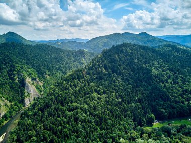 Güneşli bir günde Polonya 'nın Pieniny Ulusal Parkı' nın güzel panoramik manzarası. Sokolica ve Trzy Korony - İngilizce: Üç Crowns (Üç Crowns Massif Zirvesi))
