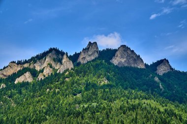 Güneşli bir günde Polonya 'nın Pieniny Ulusal Parkı' nın güzel panoramik manzarası Trzy Korony - İngilizce: Üç Crown (Üç Crown Massif Zirvesi), Polonya