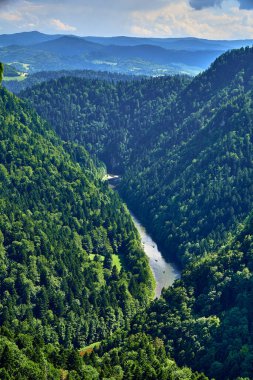 Sokolica ve Trzy Korony 'den güneşli bir günde Polonya' nın Pieniny Ulusal Parkı 'nın güzel panoramik manzarası - İngilizce: Three Crowns (Üç Crowns Massif Zirvesi) on the Dunajec River