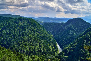 Sokolica ve Trzy Korony 'den güneşli bir günde Polonya' nın Pieniny Ulusal Parkı 'nın güzel panoramik manzarası - İngilizce: Three Crowns (Üç Crowns Massif Zirvesi) on the Dunajec River