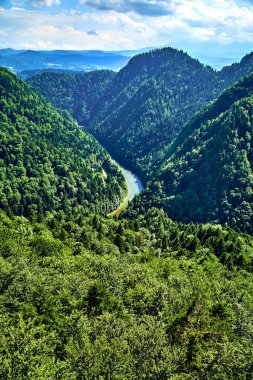 Sokolica ve Trzy Korony 'den güneşli bir günde Polonya' nın Pieniny Ulusal Parkı 'nın güzel panoramik manzarası - İngilizce: Three Crowns (Üç Crowns Massif Zirvesi) on the Dunajec River