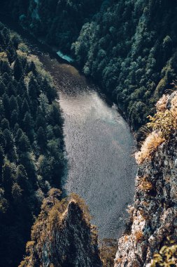 Sokolica ve Trzy Korony 'den güneşli bir günde Polonya' nın Pieniny Ulusal Parkı 'nın güzel panoramik manzarası - İngilizce: Three Crowns (Üç Crowns Massif Zirvesi) on the Dunajec River