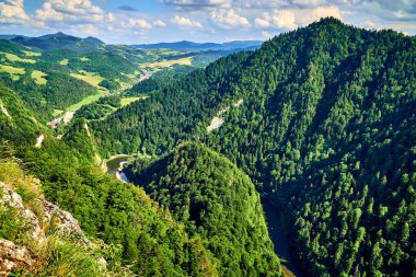Sokolica ve Trzy Korony 'den güneşli bir günde Polonya' nın Pieniny Ulusal Parkı 'nın güzel panoramik manzarası - İngilizce: Three Crowns (Üç Crowns Massif Zirvesi) on the Dunajec River