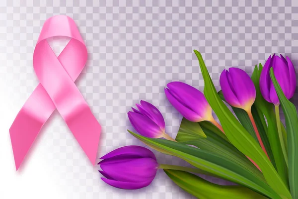 Ροζ κορδέλα για τον καρκίνο του μαστού σε διαφανές φόντο. Σύμβολο ενημέρωσης, μήνας. Έννοια του Οκτώβρη του μαστού. Ελπίδα αφίσα και γυναικεία απεικόνιση. Μεταξωτή κορδέλα σε ροζ χρώμα. — Διανυσματικό Αρχείο