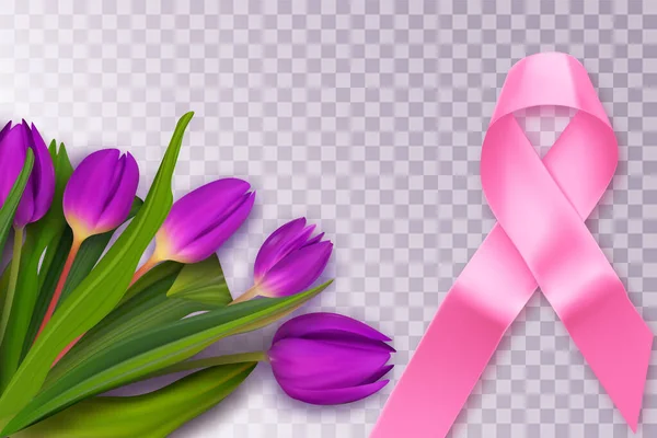Αφίσα μήνα ενημέρωσης για τον καρκίνο του μαστού. Σύμβολο της γυναικείας υγείας, ελπίδα. Ρεαλιστική ροζ πλώρη, στήθος Οκτωβρίου γυναικών έννοια. Ροζ μεταξωτή κορδέλα. — Διανυσματικό Αρχείο
