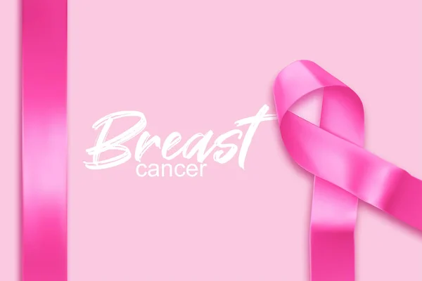 Różowa wstążka raka piersi na różowym tle. Symbol świadomości, miesiąc. Koncepcja październikowa. Plakat Hope i kobieca ilustracja. Jedwabna wstążka w różowym kolorze. — Wektor stockowy