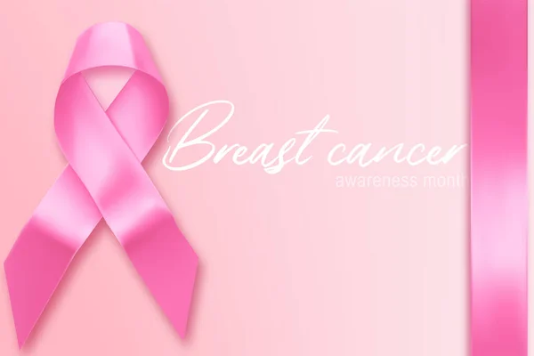 Αφίσα μήνα ενημέρωσης για τον καρκίνο του μαστού. Σύμβολο της γυναικείας υγείας, ελπίδα. Ρεαλιστική ροζ πλώρη, στήθος Οκτωβρίου γυναικών έννοια. Ροζ μεταξωτή κορδέλα. — Διανυσματικό Αρχείο