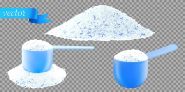 Deterjan gömleği. Kepçeli beyaz sabun dokusu. Çamaşır makinesi için bardakta sıvı toz. Çamaşır yıkama arka planı. Eko tarzı temizlik kavramı.