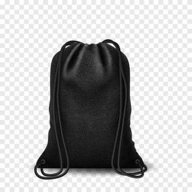 Siyah Mockup sırt çantası, beyaz arkaplanda yalıtılmış asma ipi. Çantalı boş şablon, gerçekçi vektör modeli.