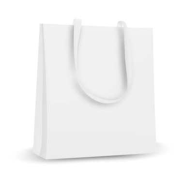 Beyaz geri dönüşüm çantasındaki sahte ögeler şeffaf arkaplan şablonu. Alışveriş modeli için tekstil çantası..