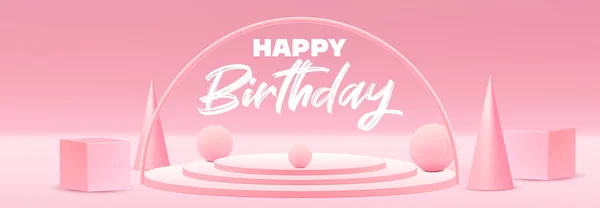 Happy birthday, festive background with pink 3d geometric objects. Celebrate a birthday, poster, banner happy anniversary. Copy space with text. Vector banner, pink color. Social media banner template — Stock Vector
