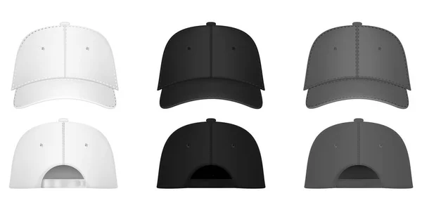 Enhetlig mössa eller hatt. Mockup och tom mall för baseball uniform mössa med främre, bakre och högra sidan vy. Isolerade vektorillustrationer. Mall för utformning. Vektorillustration. — Stock vektor