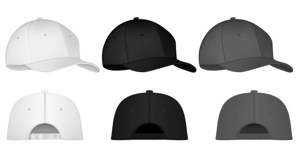 Uniform cap or hat. Mockup and blank template of baseball uniform cap with front, back and right side view. Isolated vector illustrations set. Design template. Vector illustration. — Stock Vector