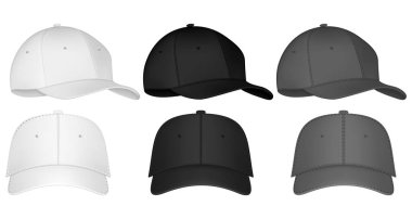 Üniformalı şapka ya da şapka. Önü, arkası ve sağ tarafı manzaralı beysbol forması şapkası modeli ve boş şablonu. İzole vektör çizimleri ayarlandı. Tasarım şablonu. Vektör illüstrasyonu.