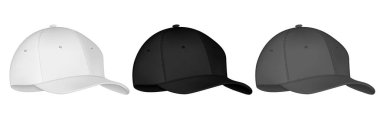 Üniformalı şapka ya da şapka. Ön manzaralı beysbol üniforması şapkası modeli ve boş şablonu. İzole vektör çizimleri ayarlandı. Tasarım şablonu, gerçekçi arka, ön ve yan. Vektör illüstrasyonu.