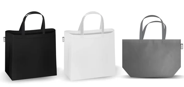 Bolso de compras RPET algodón, negro y blanco bolsas de compras identidad artículos maqueta plantilla fondo transparente. — Archivo Imágenes Vectoriales