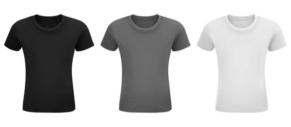T-shirt mall set. Framsidan, vänster sida, baksidan visa mockup. Svart, grå och vit front. Vektormall. — Stock vektor