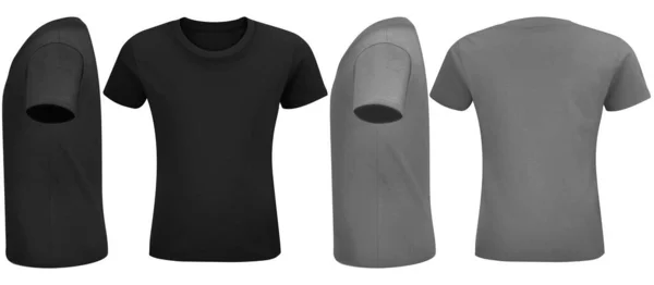 T-shirt design, framsida, sida och baksida vy. Reklam textil tryck vektor set. Sport blank skjorta mall fram- och baksida vy. — Stock vektor