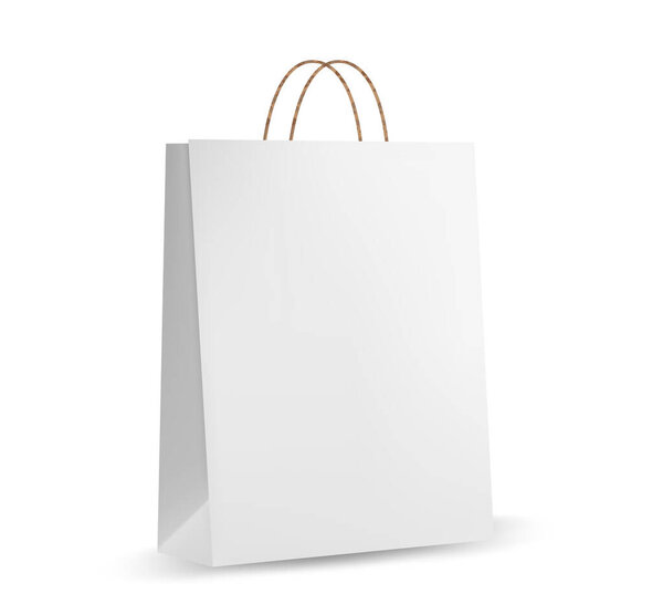 Shopping bag mockups. Paper package isolated on white background. Realistic mockup of craft paper bags.