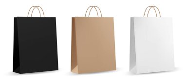 Kese kağıdı şablonu. Kahverengi gerçekçi kese kağıdı. Perakende satın alma paketinin ön ve yan görünümü - boş alan ve ip saplı boş model.