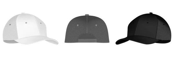 Klobouk nebo klobouk. Mockup a prázdná šablona baseballové uniformy čepice s předním, zadním a pravým bočním výhledem. Izolované vektorové ilustrace nastaveny. Šablona návrhu, vektorové eps10 ilustrace. — Stockový vektor