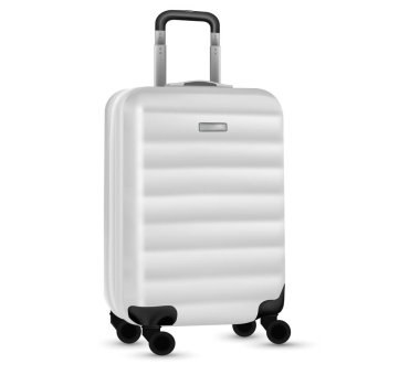 Çanta seyahati. Gümüş seyahat plastik bavulu ya da beyaz arka planda izole edilmiş bagaj çantası koleksiyonu. Yaz tatili ve iş seyahati konseptini kopyala.