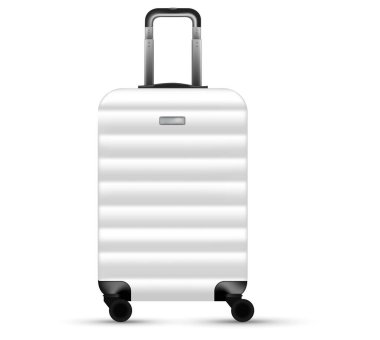 Çanta seyahati. Gümüş seyahat plastik bavulu ya da beyaz arka planda izole edilmiş bagaj çantası koleksiyonu. Yaz tatili ve iş seyahati konseptini kopyala.