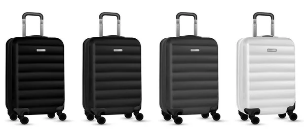 Koffer weißer Hintergrund. Silberne Plastikgepäck- oder Urlaubsgepäcksammlung isoliert. Kopierraum für Sommerurlaub und Geschäftsreisekonzept. — Stockvektor