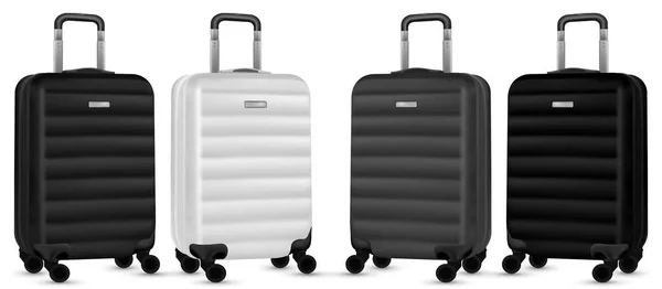 Cestování se zavazadly. Stříbrný cestovní plastový kufr nebo sbírka prázdninových zavazadel izolované na bílém pozadí. Kopírovat prostor letní dovolené a koncept služebních cest. — Stockový vektor