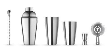 Barmen kokteyl karıştırıcısı Boston, meyveli turta, Parisli, Teneke ve Speedshaker. Barmenlik ekipmanları gerçekçi modelleme izole edildi.