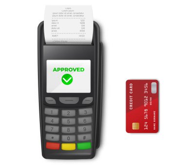 NFC ödeme cihazı POS terminali, ödemeyi kredi kartı ve fatura ile doğruladı. NFC ödemeleri kartla yapılıyor. Modelleme. Üst Görünüm