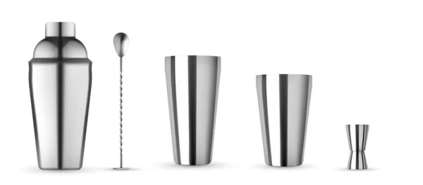 Bar seti, Kokteyl için şişe maketi. Gerçekçi model izole edildi. Kokteyl karıştırıcı, Hawthorne süzgeci, karıştırıcı, metak susturucu ve jigger..