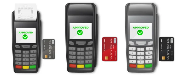 Terminale di pagamento Silver 3d Payment Machine. Pagamento con carta. Terminali di pagamento con segni di spunta su schermi, carte di credito, smartphone e ricevuta di transazione. — Vettoriale Stock
