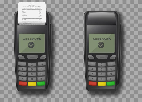 Terminal de paiement bancaire Terminal POS avec reçu et carte de crédit isolé sur fond blanc. Modèle de maquette de terminal de paiement bancaire, reçu de transaction. — Image vectorielle