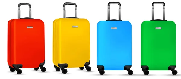 Maleta de viaje aislada. Conjunto de colorido equipaje de plástico o bolsa de equipaje de vacaciones sobre fondo blanco. Diseño del concepto de vacaciones de verano. — Vector de stock